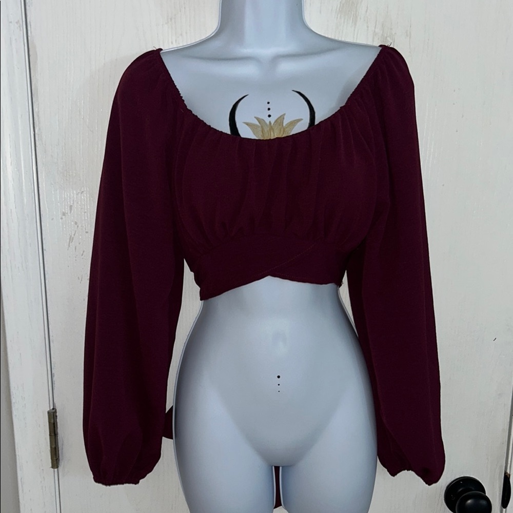 Altar'd State Red Crop Blouse with Ruched Sleeves